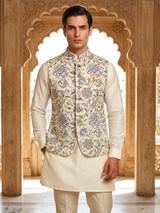 Cream printed cotton waistcoat for men