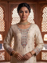 Beige crepe silk punjabi style embroidered festive salwar suit