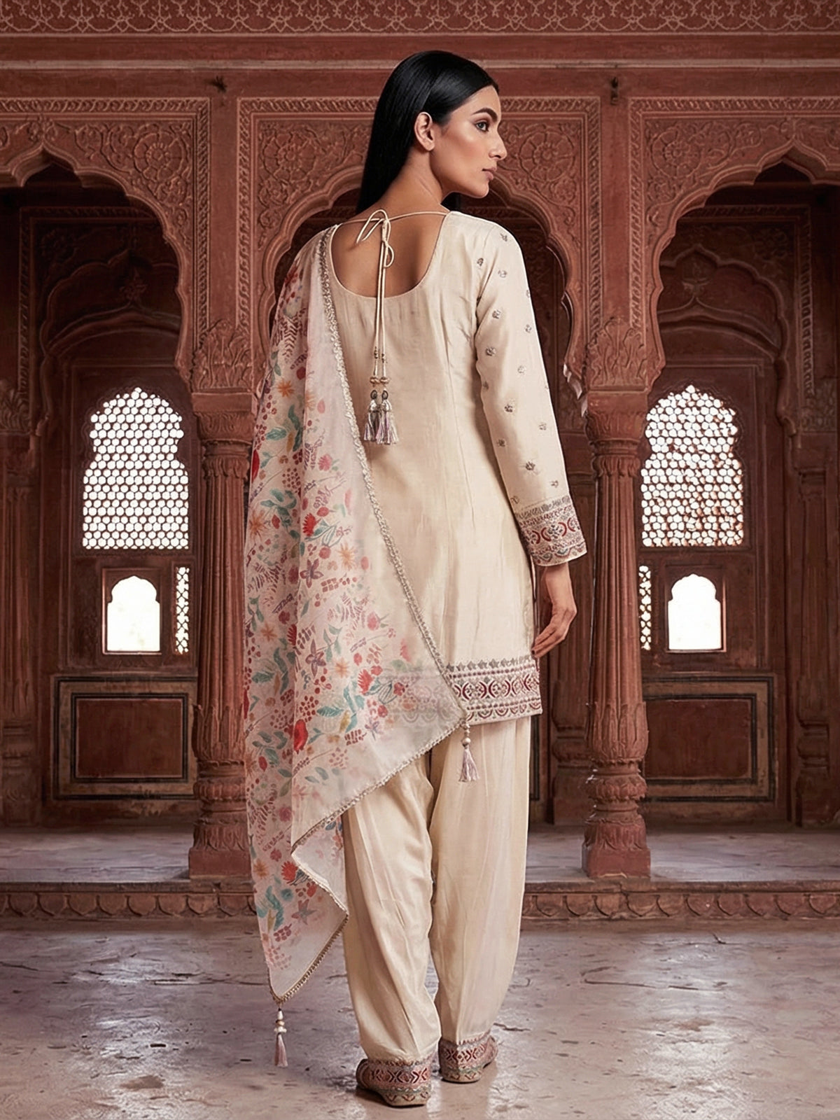 Beige crepe silk punjabi style embroidered festive salwar suit