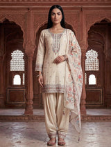 Beige crepe silk punjabi style embroidered festive salwar suit