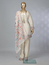 Beige crepe silk punjabi style embroidered festive salwar suit