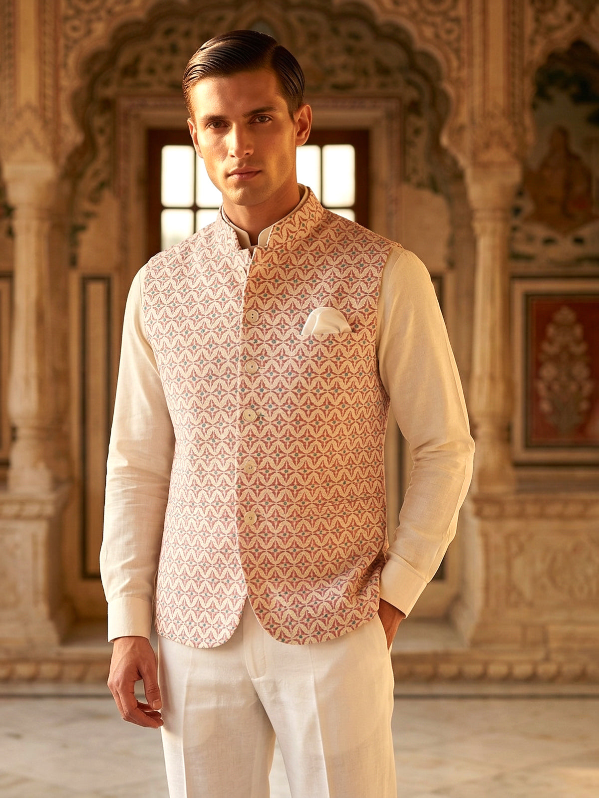 White and red printed cotton waistcoat