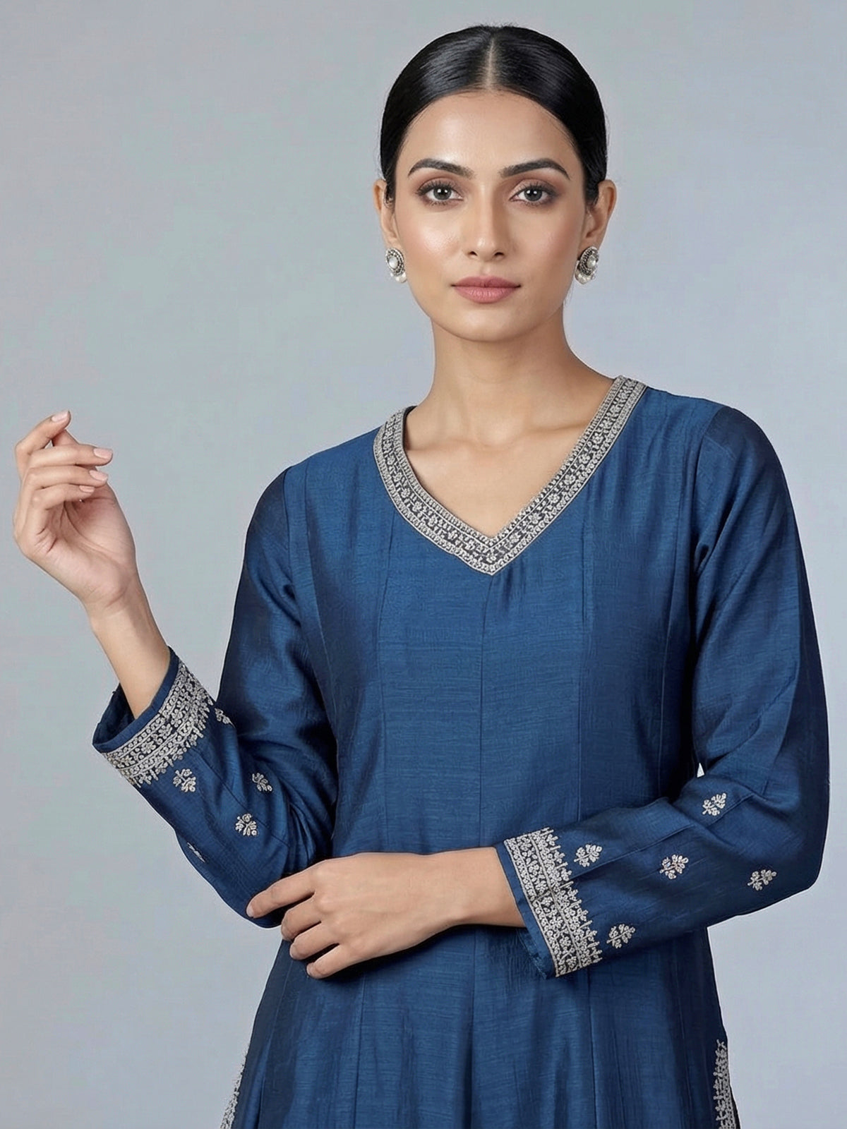Blue silk resham diamond embellished festive palazzo suit