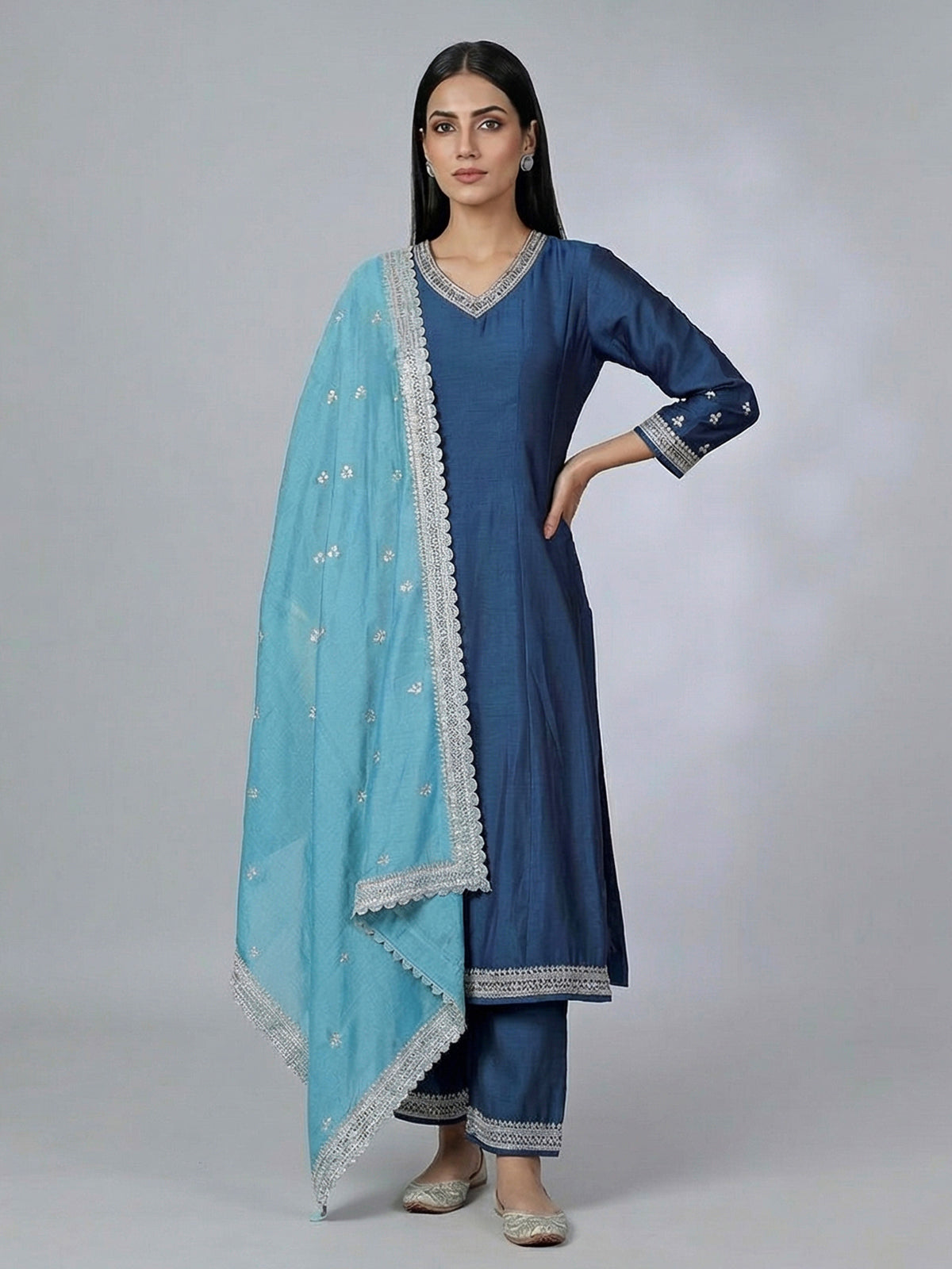 Blue silk resham diamond embellished festive palazzo suit