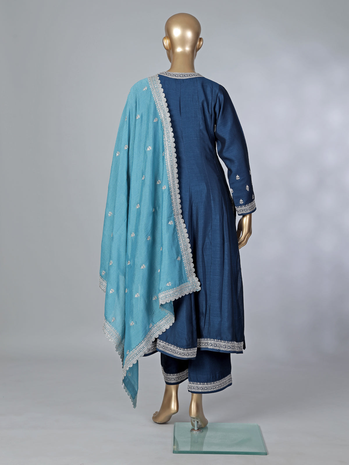 Blue silk resham diamond embellished festive palazzo suit