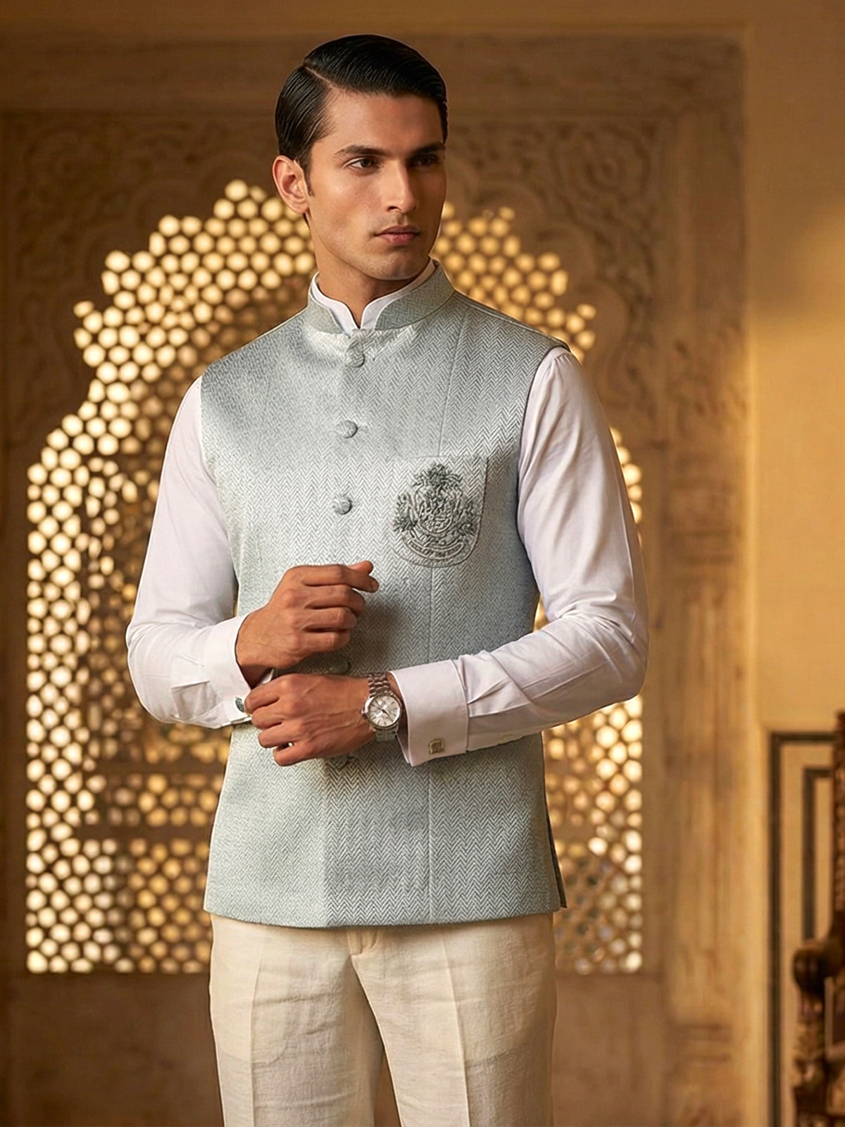 Mint blue textured waistcoat for men