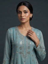 Sky blue silk pakistani style embellished palazzo suit