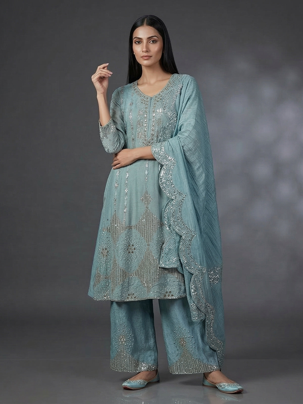 Sky blue silk pakistani style embellished palazzo suit