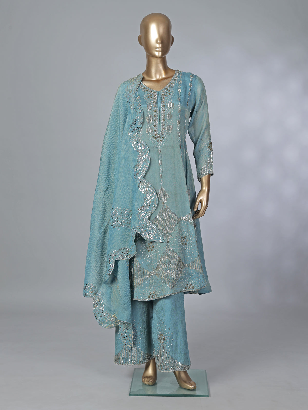 Sky blue silk pakistani style embellished palazzo suit