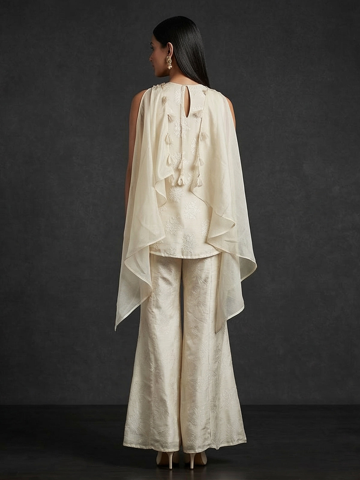 Cream silk mirror and stone embellished festive palazzo suit