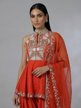 Rust orange designer silk dhoti suit with embellished dupatta