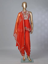 Rust orange designer silk dhoti suit with embellished dupatta
