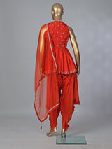 Rust orange designer silk dhoti suit with embellished dupatta