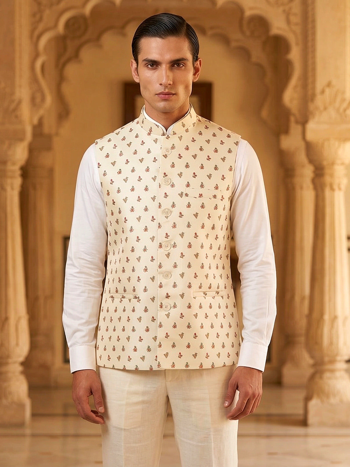 Cream cotton silk festive printed waistcoat