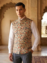 Cream floral printed cotton silk waistcoat