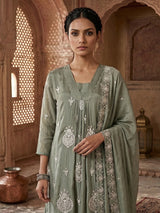 Olive silk thread embellished festive salwar suit