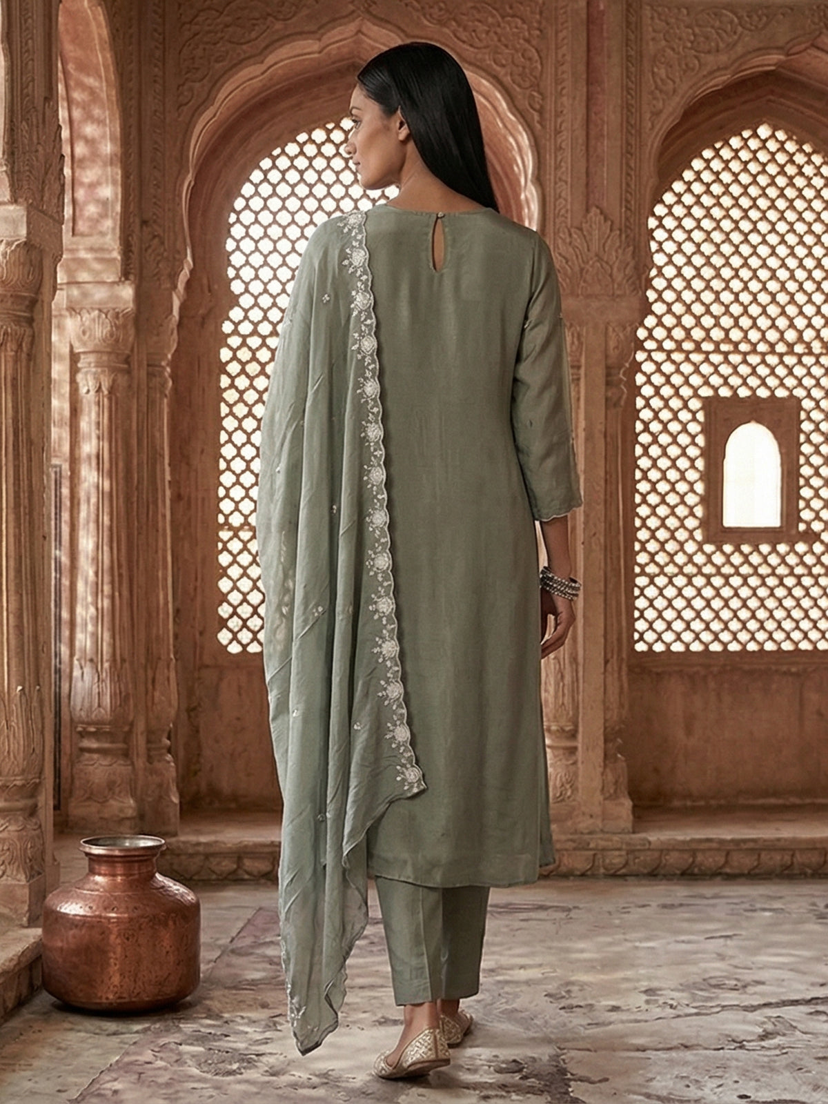 Olive silk thread embellished festive salwar suit