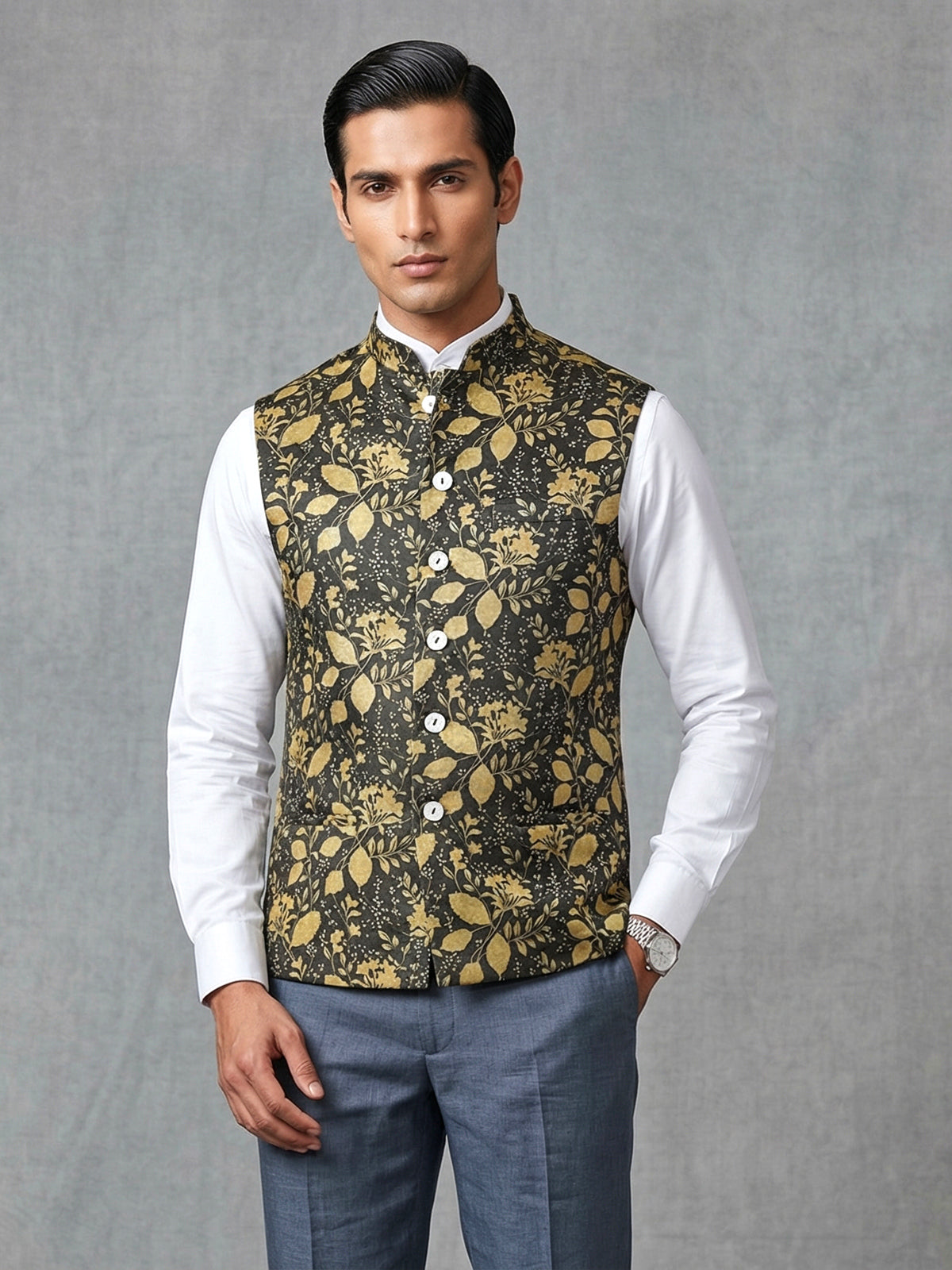 Yellow and grey printed cotton silk waistcoat