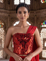 Red satin silk mirror designer suit with attached dupatta