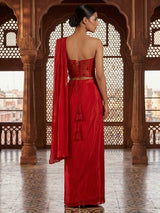 Red satin silk mirror designer suit with attached dupatta