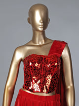 Red satin silk mirror designer suit with attached dupatta