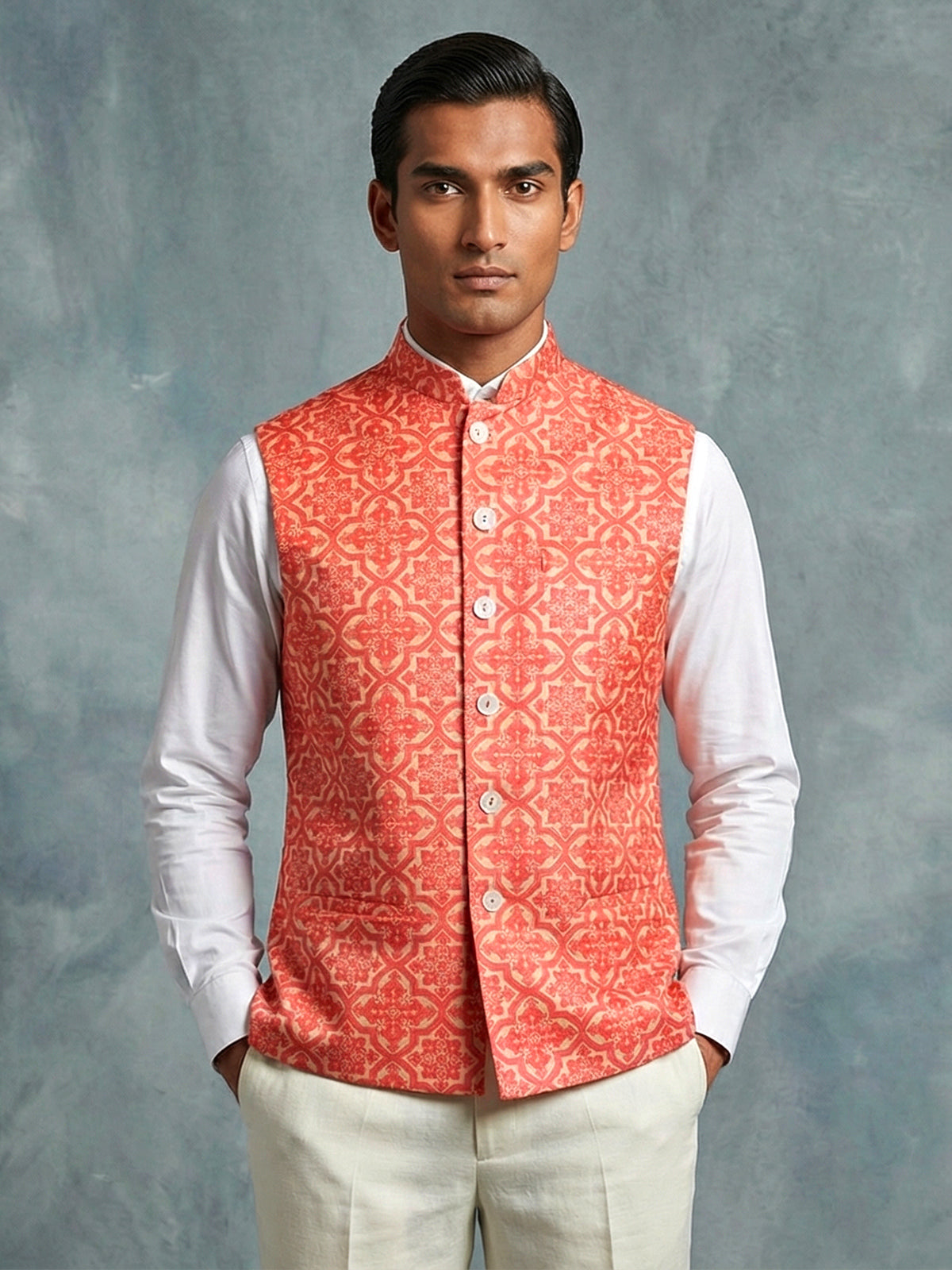 Cream and green silk printed waistcoat