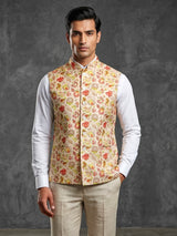 Cream and pink silk printed wedding waistcoat