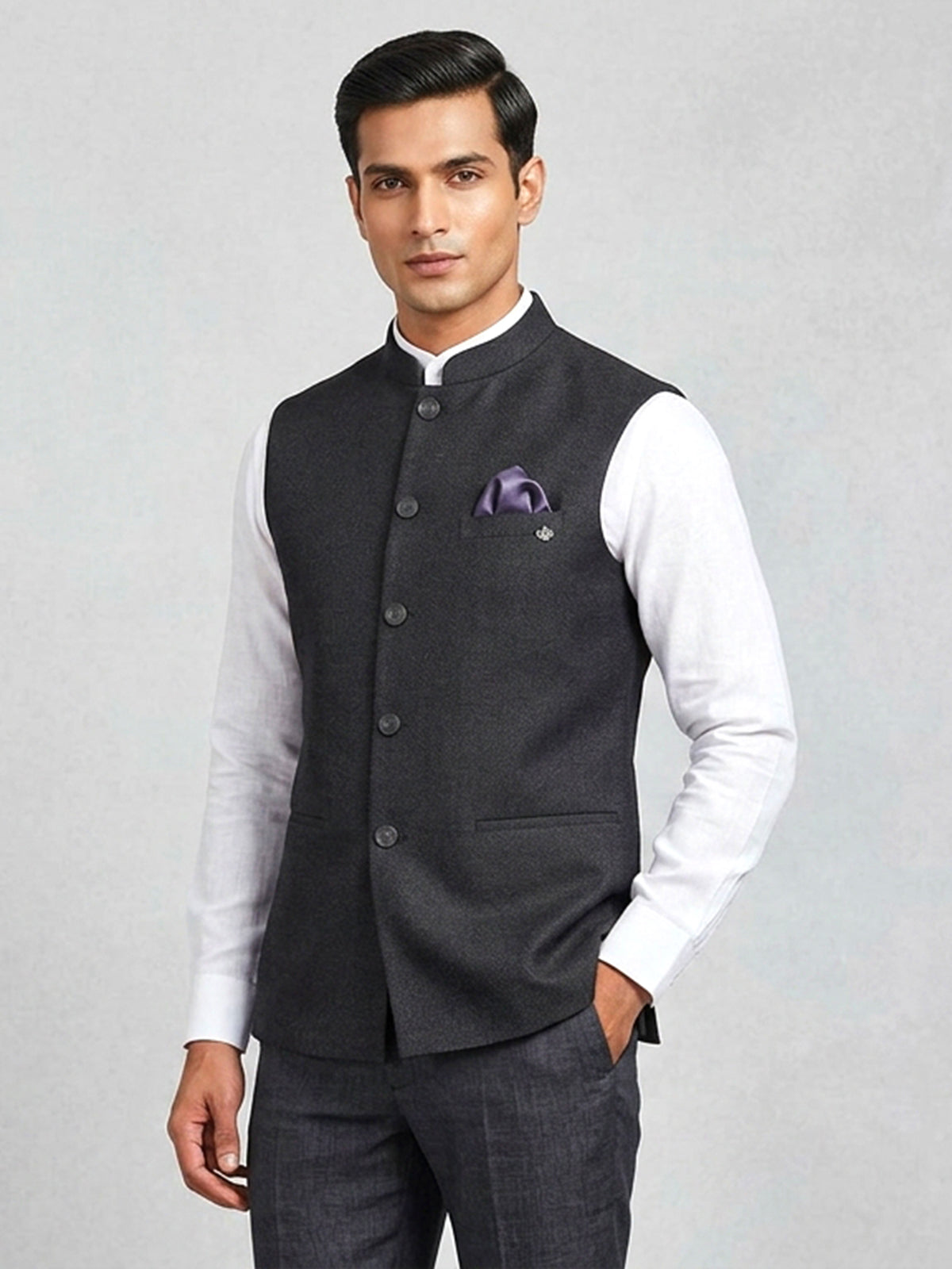 Dark grey plain cotton silk waistcoat