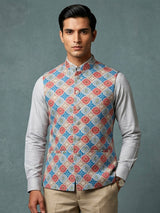 Multicolor printed cotton silk waistcoat with thread and sequins work