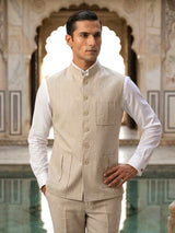Beige cotton three pocket festive waistcoat
