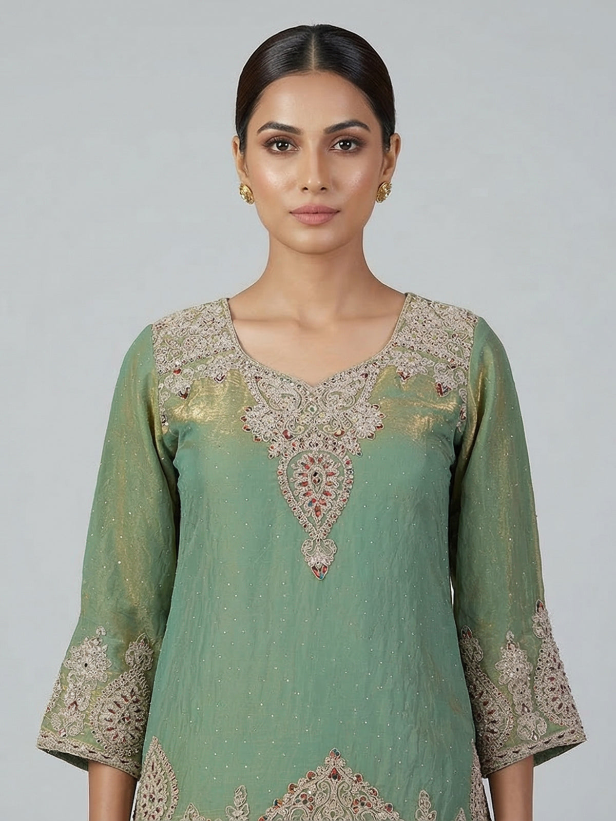 Pastel green silk lehenga style salwar suit with dupatta