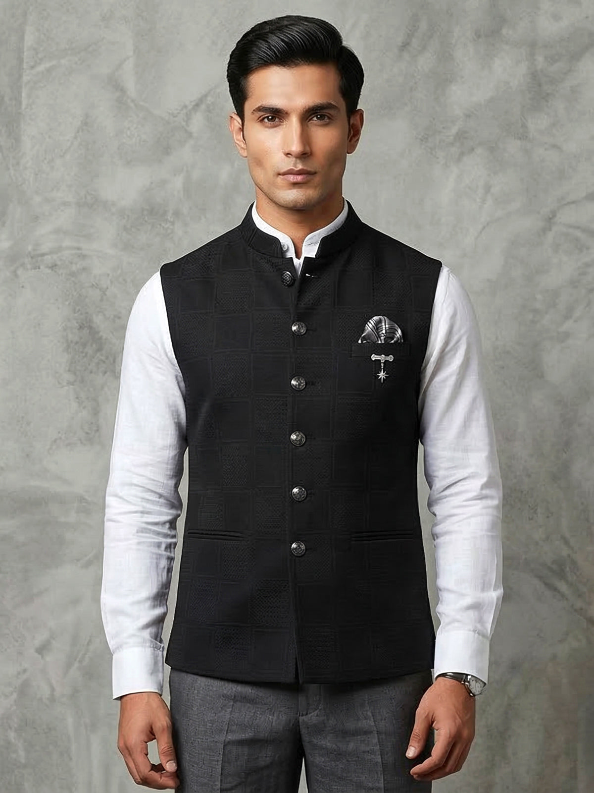 Black textured cotton silk waistcoat