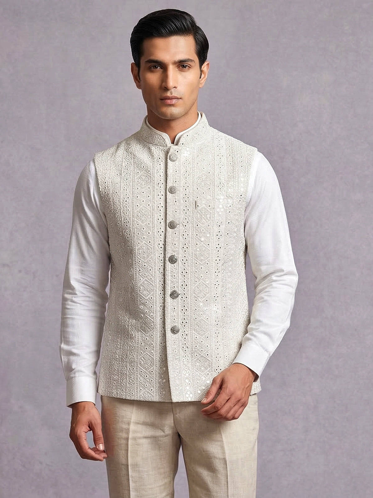 White cotton silk waistcoat with embroidery