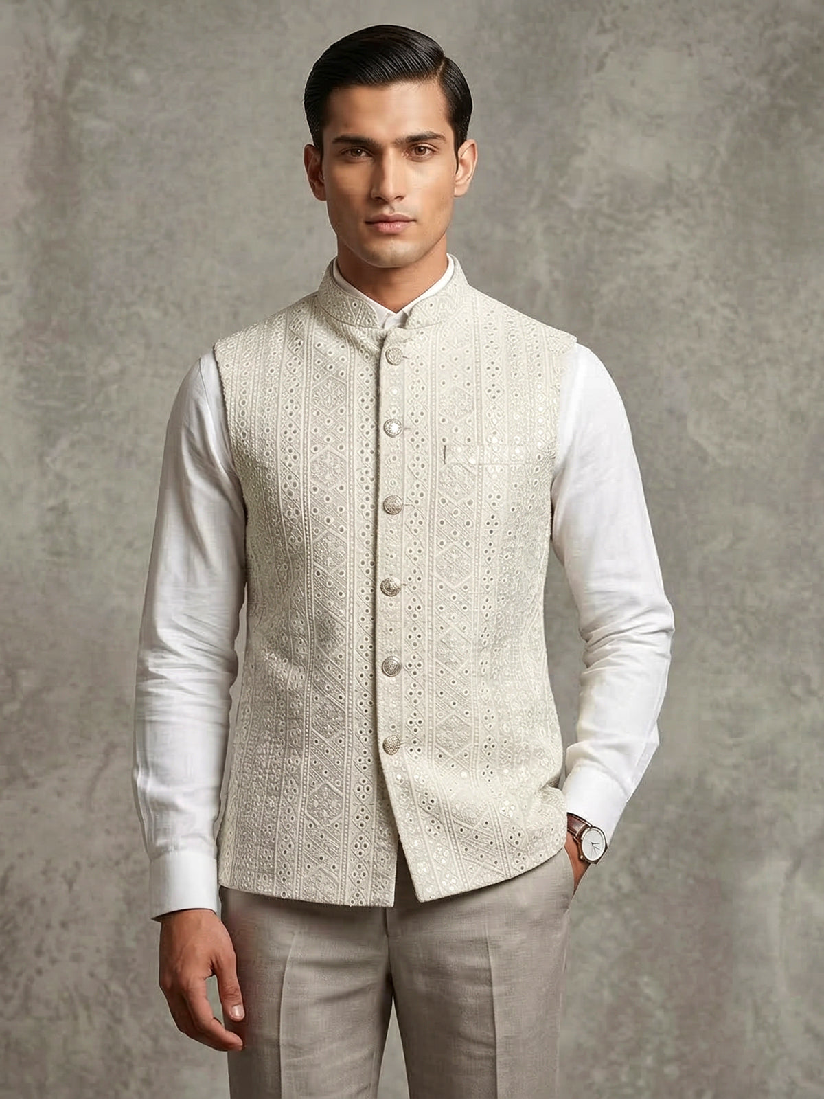 Beige embroidered cotton silk waistcoat