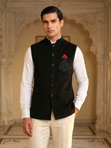 Black woolen waistcoat with zardosi work on pocket