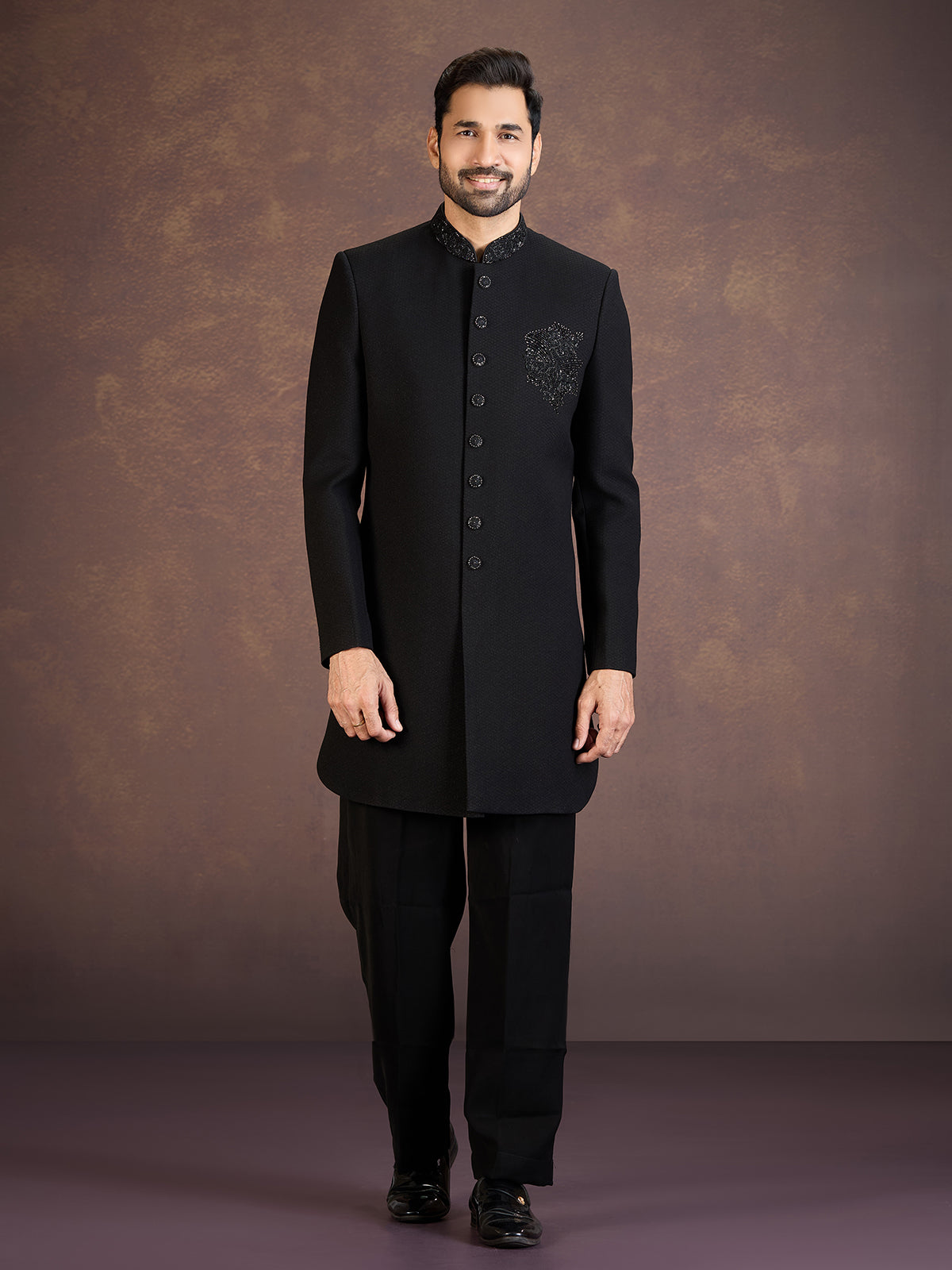Black jacquard indo western set with beads cutdana work