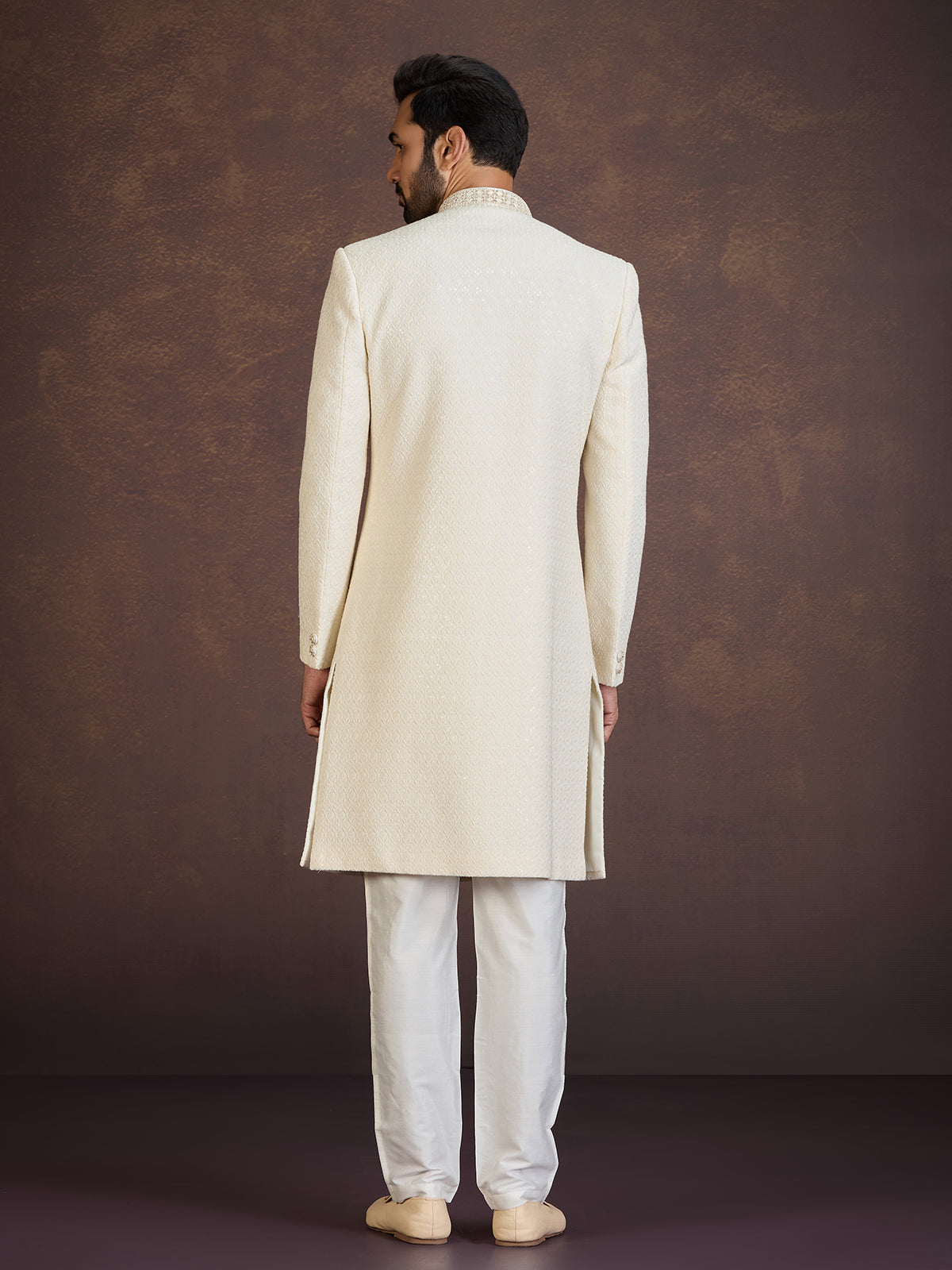 Cream Llucknowi Indo western set with zardosi embroidery