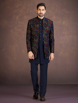 Navy blue velvet Indo western jacket set with embroidery