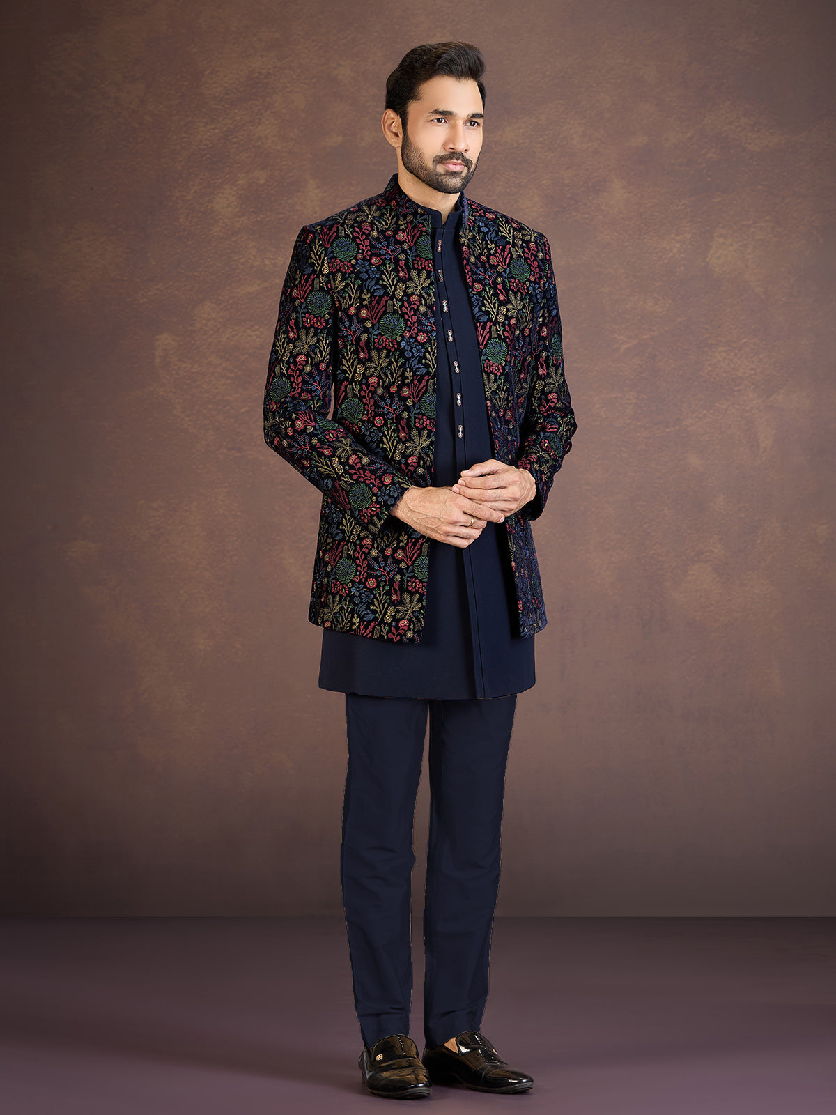 Navy blue velvet Indo western jacket set with embroidery