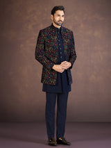 Navy blue velvet Indo western jacket set with embroidery