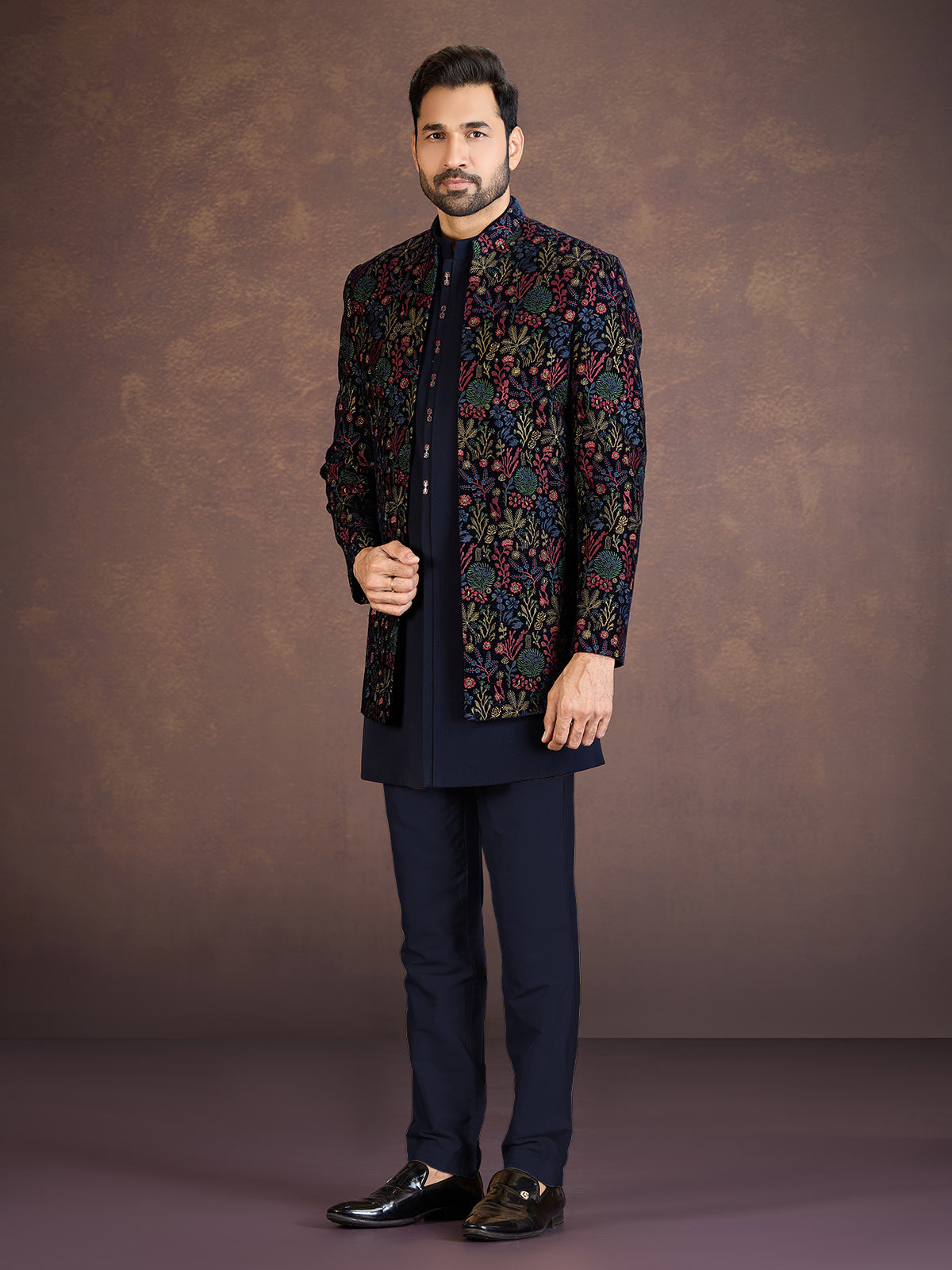 Navy blue velvet Indo western jacket set with embroidery