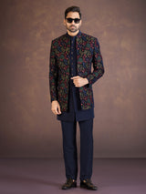 Navy blue velvet Indo western jacket set with embroidery