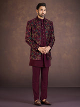 Wine velvet Indo western jacket set with multicolour embroidery