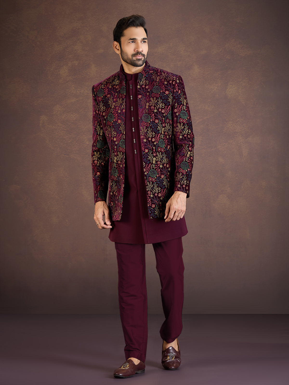 Wine velvet Indo western jacket set with multicolour embroidery
