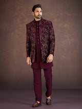 Wine velvet Indo western jacket set with multicolour embroidery