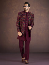 Wine velvet Indo western jacket set with multicolour embroidery