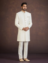 Cream jacquard indo western set with zardosi embellishment