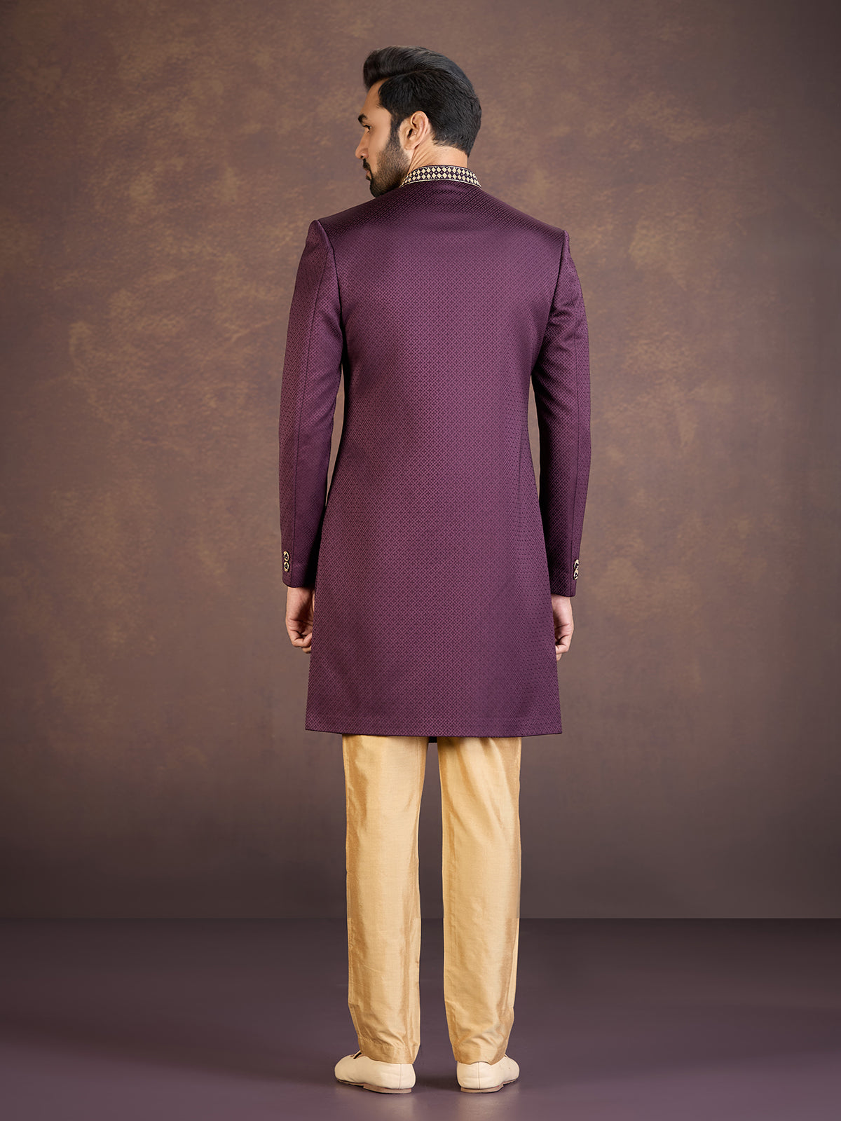 Wine jacquard Indo western set with embroidered detailing