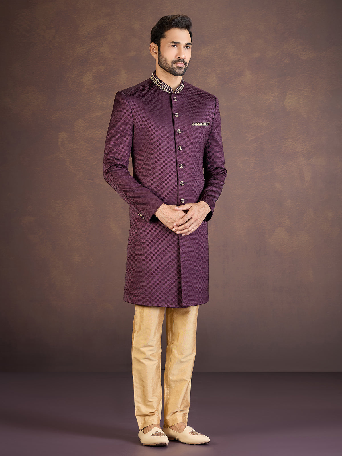 Wine jacquard Indo western set with embroidered detailing