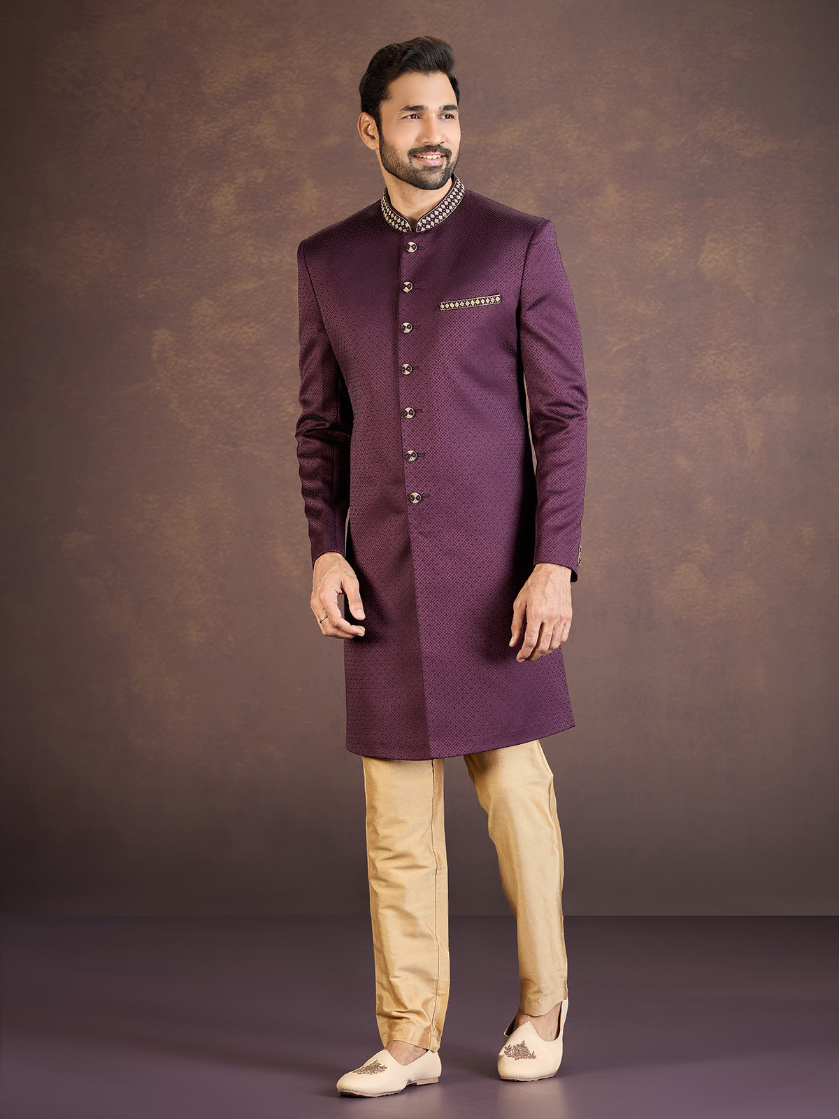 Wine jacquard Indo western set with embroidered detailing